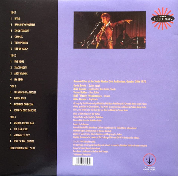 David Bowie - Santa Monica '72 (2xVinyl, LP, Album, Partially Unofficial, Remastered, Stereo) Very Good (VG) / Very Good Plus (VG+)