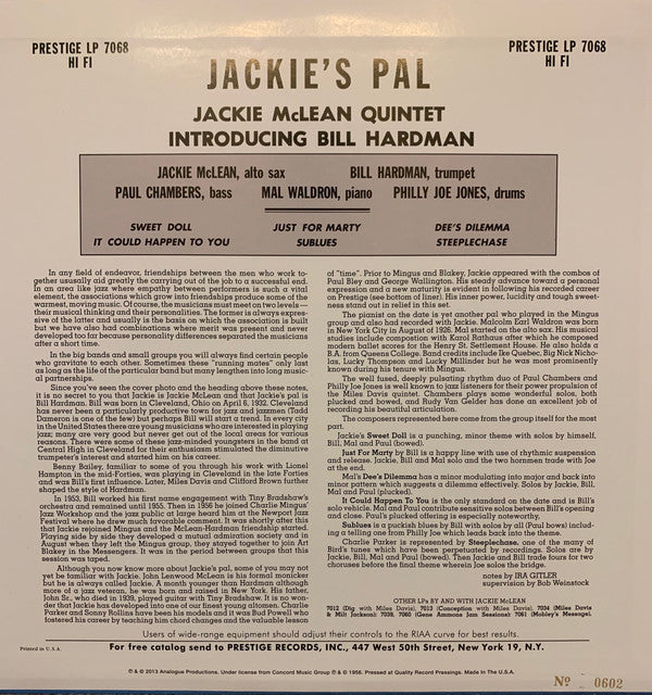 Jackie McLean Quintet - Jackie's Pal (Vinyl, LP, Album, Mono, Reissue, Limited Edition) Very Good Plus (VG+) / Very Good Plus (VG+)