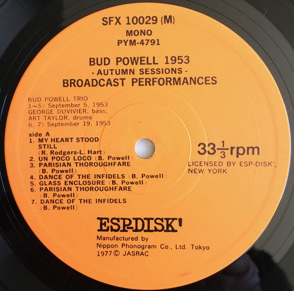 Bud Powell - 1953 Autumn Sessions - Broadcast Performances (Vinyl, LP, Album, Reissue) Very Good Plus (VG+) / Very Good Plus (VG+)