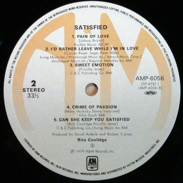 Rita Coolidge - Satisfied (Vinyl, LP, Album) Very Good (VG) / Very Good Plus (VG+)