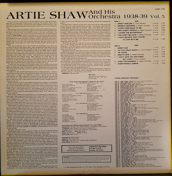 Artie Shaw And His Orchestra - The Uncollected Artie Shaw, Vol. 5, 1938-1939 (Vinyl, LP, Album, Mono) Very Good Plus (VG+) / Very Good Plus (VG+)