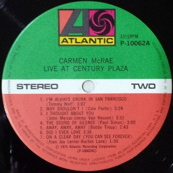 Carmen McRae - Live At Century Plaza (Vinyl, LP, Album, Stereo) Very Good Plus (VG+) / Very Good Plus (VG+)