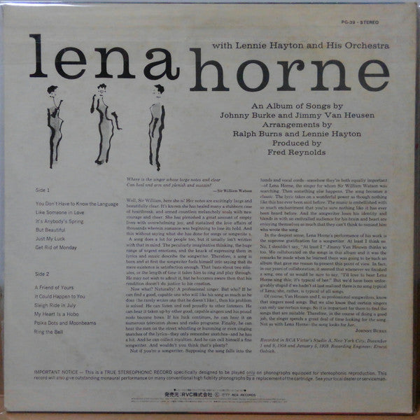 Lena Horne - Songs By Burke And Van Heusen (Vinyl, LP, Stereo) Very Good Plus (VG+) / Very Good Plus (VG+)