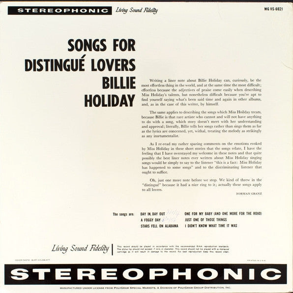Billie Holiday - Songs For Distingué Lovers (Vinyl, LP, Album, Limited Edition, Reissue, Stereo) Near Mint (NM or M-) / Near Mint (NM or M-)