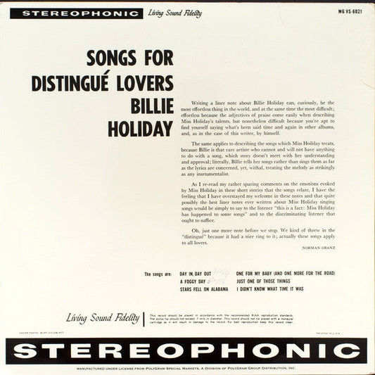 Billie Holiday - Songs For Distingué Lovers (Vinyl, LP, Album, Limited Edition, Reissue, Stereo) Near Mint (NM or M-) / Near Mint (NM or M-)