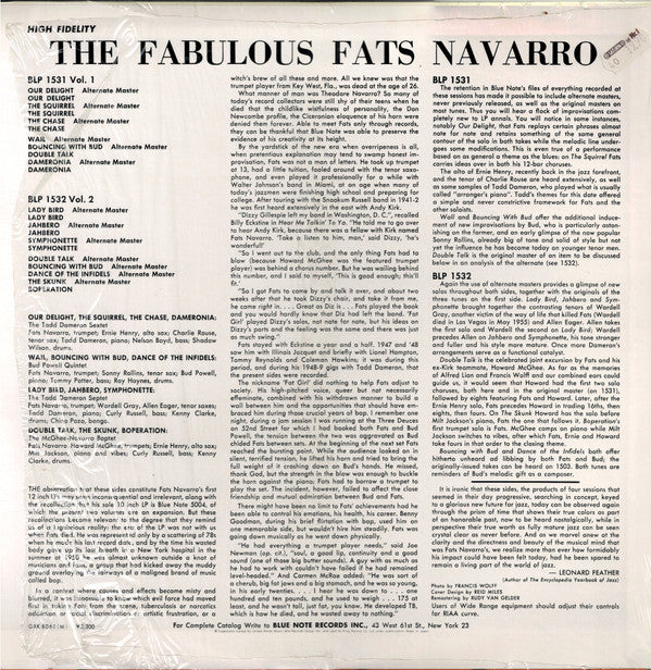 Fats Navarro - The Fabulous Fats Navarro Volume 2 (Vinyl, LP, Album, Reissue, Remastered, Mono) Near Mint (NM or M-) / Very Good (VG)