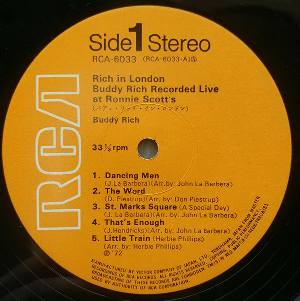 Buddy Rich - Rich In London (Buddy Rich Recorded Live At Ronnie Scott's) (Vinyl, LP, Stereo) Very Good (VG) / Very Good (VG)