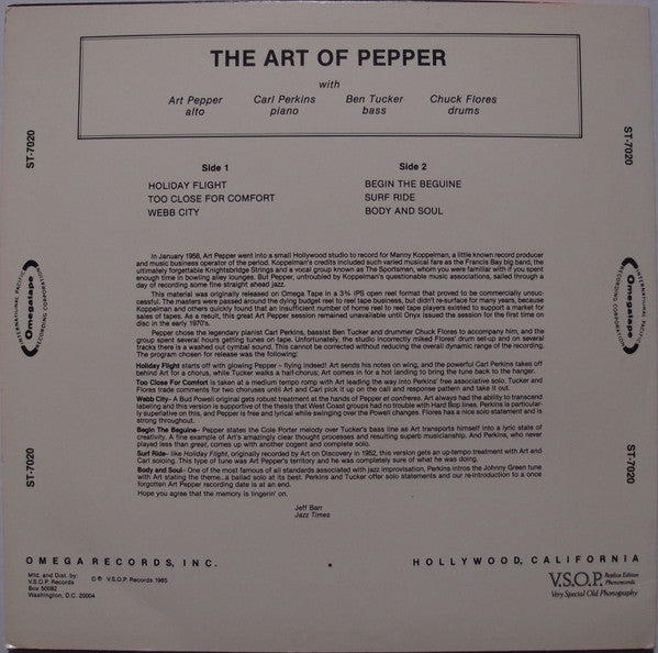 Art Pepper Quartet - The Art Of Pepper (Vinyl, LP, Album, Reissue, Stereo) Very Good (VG) / Very Good (VG)