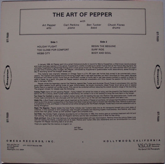 Art Pepper Quartet - The Art Of Pepper (Vinyl, LP, Album, Reissue, Stereo) Very Good (VG) / Very Good (VG)