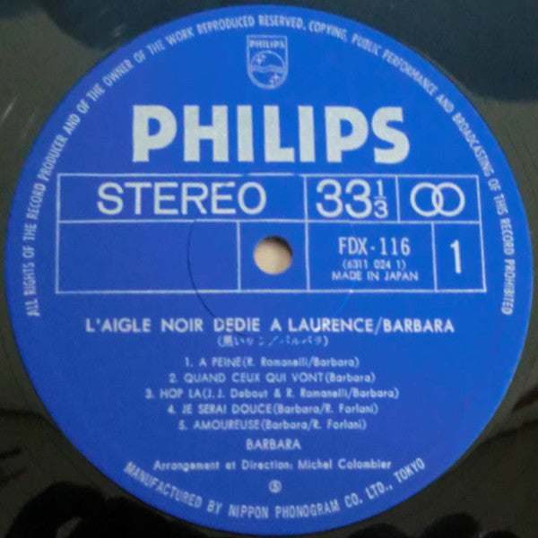 Barbara (5) - L'aigle Noir = 黒いワシ (Vinyl, LP, Album, Reissue, Stereo) Very Good (VG) / Very Good (VG)