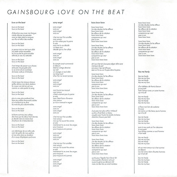 Serge Gainsbourg - Love On The Beat (Vinyl, LP, Album, Stereo) Good Plus (G+) / Very Good (VG)