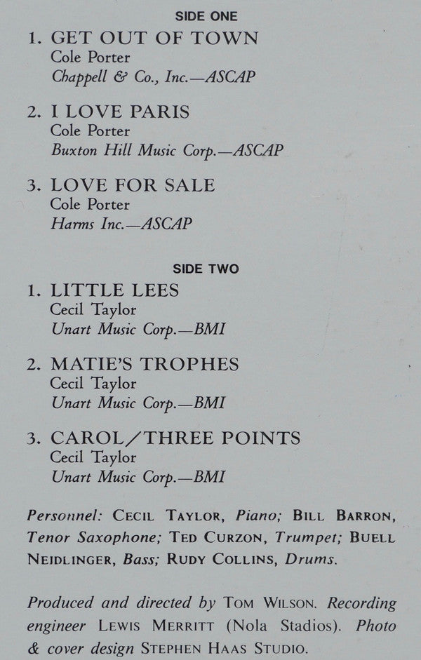 Cecil Taylor Trio - Love For Sale (Vinyl, LP, Album, Reissue, Stereo) Very Good Plus (VG+) / Very Good Plus (VG+)