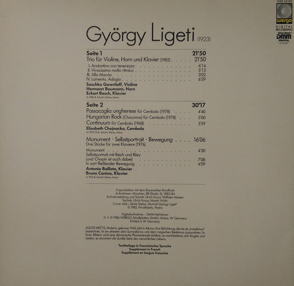 György Ligeti - Trio Für Violine, Horn Und Klavier - Passacaglia Ungherese / Hungarian Rock / Continuum - Monument · Selbstportrait · Bewegung (Vinyl, LP) Very Good Plus (VG+) / Very Good (VG)