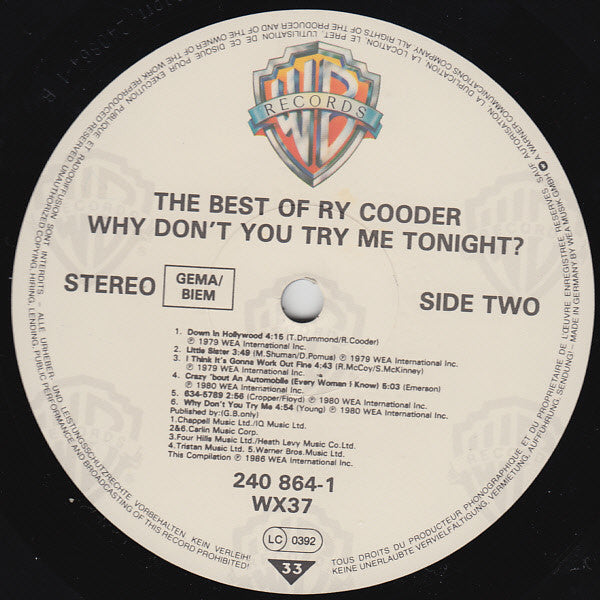 Ry Cooder - Why Don't You Try Me Tonight? The Best Of Ry Cooder (Vinyl, LP, Compilation, Stereo) Very Good (VG) / Very Good Plus (VG+)
