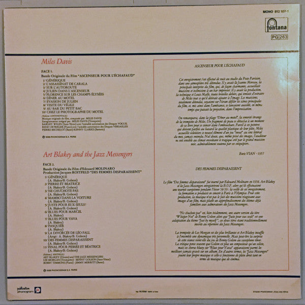Art Blakey & The Jazz Messengers - Ascenseur Pour L'Echafaud / Des Femmes Disparaissent (Vinyl, LP, Album, Compilation, Reissue, Mono) Near Mint (NM or M-) / Very Good Plus (VG+)