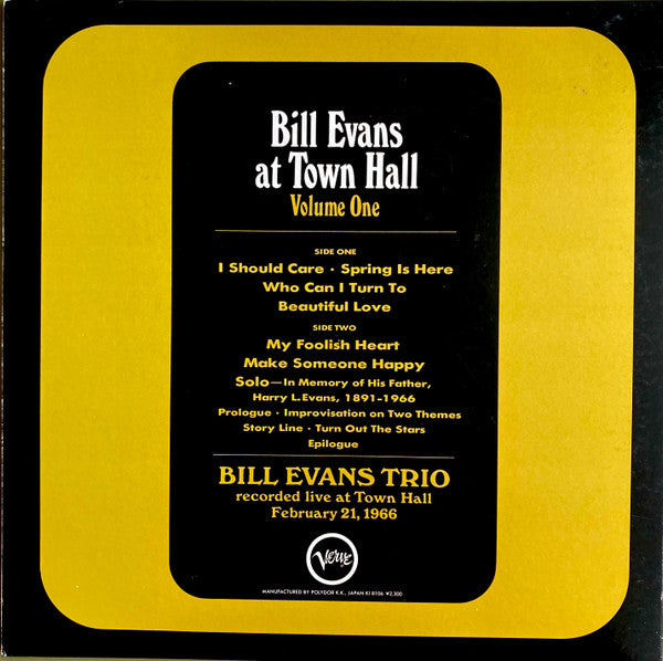 The Bill Evans Trio - Bill Evans At Town Hall (Volume One) (Vinyl, LP, Album, Reissue, Stereo) Very Good Plus (VG+) / Very Good (VG)