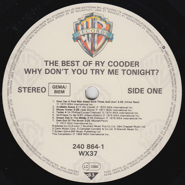 Ry Cooder - Why Don't You Try Me Tonight? The Best Of Ry Cooder (Vinyl, LP, Compilation, Stereo) Very Good (VG) / Very Good Plus (VG+)