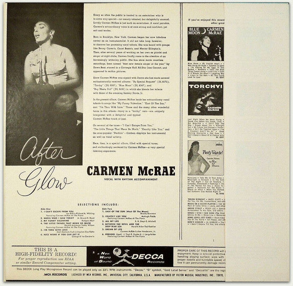 Carmen McRae - After Glow (Vinyl, LP, Reissue, Mono)