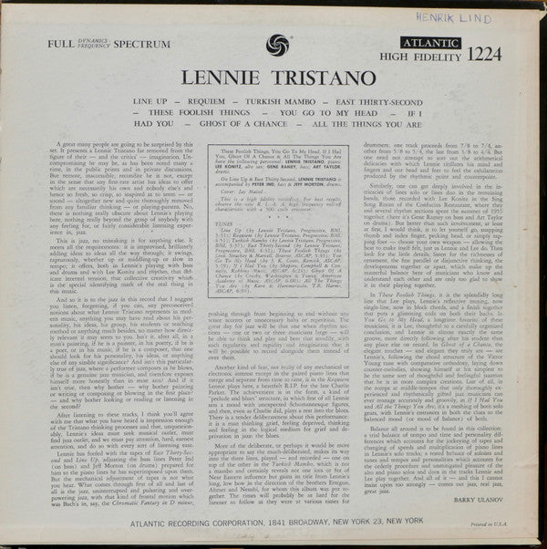 Lennie Tristano - Lennie Tristano (Vinyl, LP, Album, Mono, Repress)