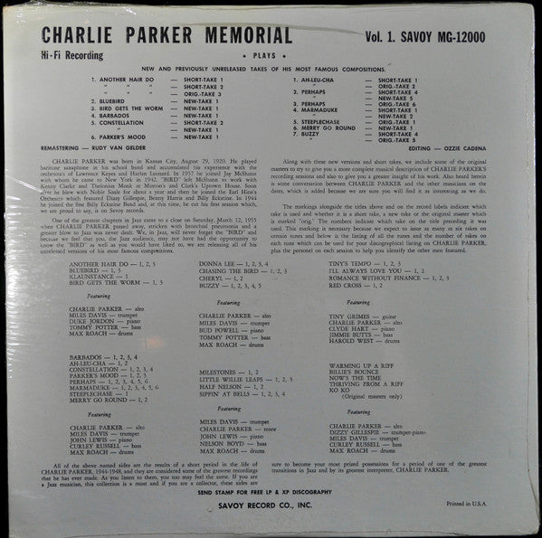 Charlie Parker - Charlie Parker Memorial (Vinyl, LP, Album, Reissue, Remastered, Mono) Very Good Plus (VG+) / Very Good Plus (VG+)