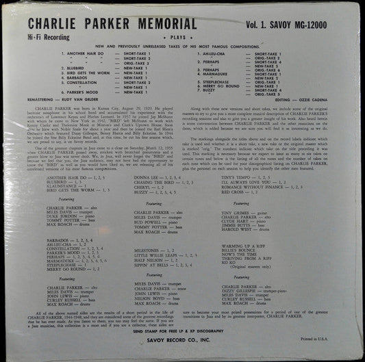 Charlie Parker - Charlie Parker Memorial (Vinyl, LP, Album, Reissue, Remastered, Mono) Very Good Plus (VG+) / Very Good Plus (VG+)