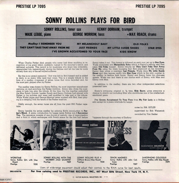 Sonny Rollins Quintet - Rollins Plays For Bird (Vinyl, LP, Album, Reissue, Mono) Very Good Plus (VG+) / Very Good Plus (VG+)