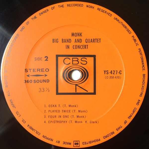Thelonious Monk - Big Band And Quartet In Concert (Vinyl, LP, Album, Stereo) Very Good Plus (VG+) / Very Good Plus (VG+)