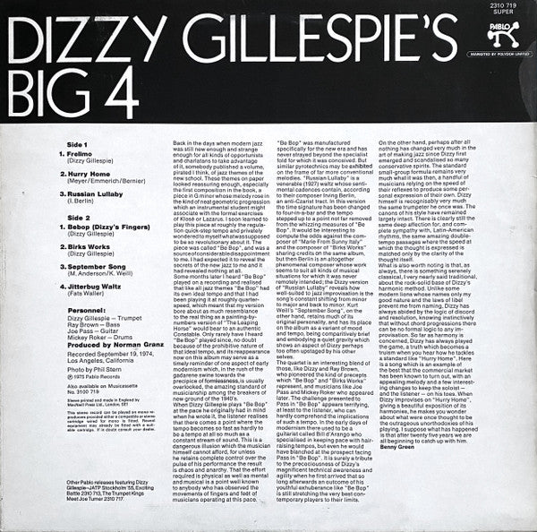 Dizzy Gillespie's Big 4 - Dizzy Gillespie's Big 4 (Vinyl, LP, Album, Stereo) Very Good (VG) / Good Plus (G+)