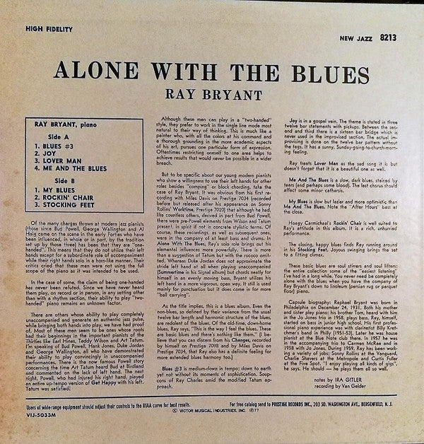 Ray Bryant - Alone With The Blues (Vinyl, LP, Album, Mono) Very Good Plus (VG+) / Good Plus (G+)