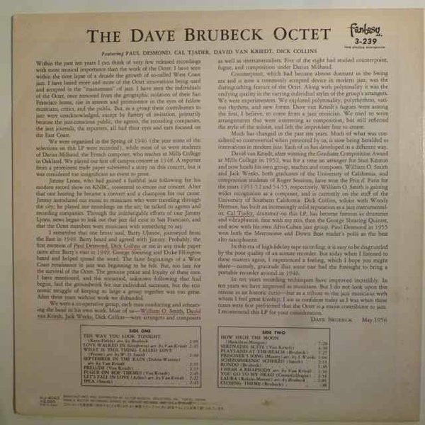 The Dave Brubeck Octet - Dave Brubeck Octet (Vinyl, LP, Reissue, Mono) Very Good (VG) / Very Good (VG)