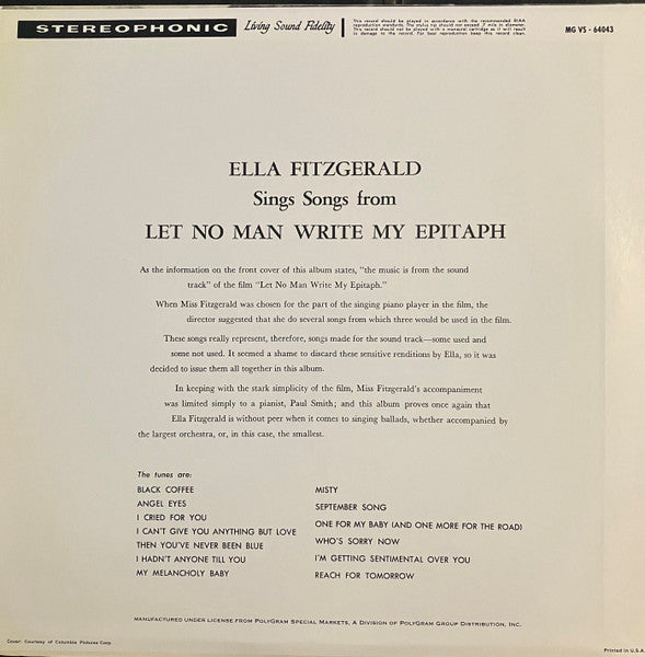 Ella Fitzgerald - Ella Fitzgerald Sings Songs From Let No Man Write My Epitaph (Vinyl, LP, Album, Reissue, Remastered, Stereo) Near Mint (NM or M-) / Very Good Plus (VG+)