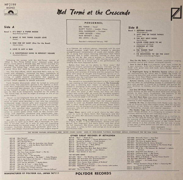 Mel Tormé - Gene Norman Presents Mel Torme At The Crescendo (Vinyl, LP, Album, Mono) Good Plus (G+) / Very Good (VG)