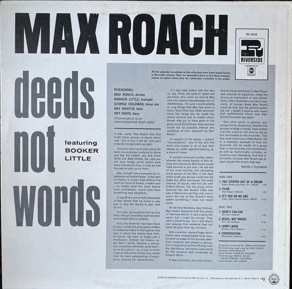Max Roach - Deeds Not Words (Vinyl, LP, Album, Stereo, Reissue) Very Good (VG) / Very Good (VG)