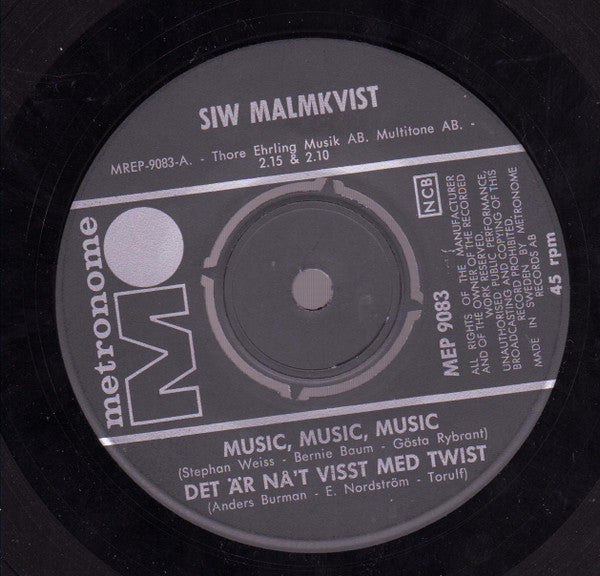 Siw Malmkvist - Music, Music, Music (Vinyl, 7", 45 RPM, EP) Good Plus (G+) / Good (G)