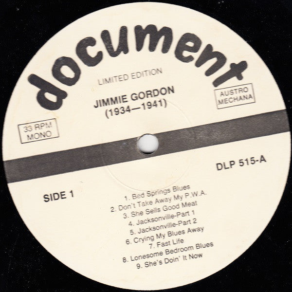 Jimmie Gordon - 1934-1941 ("The Mississippi Mudder") (Vinyl, LP, Compilation, Limited Edition, Remastered, Mono) Very Good Plus (VG+) / Very Good Plus (VG+)