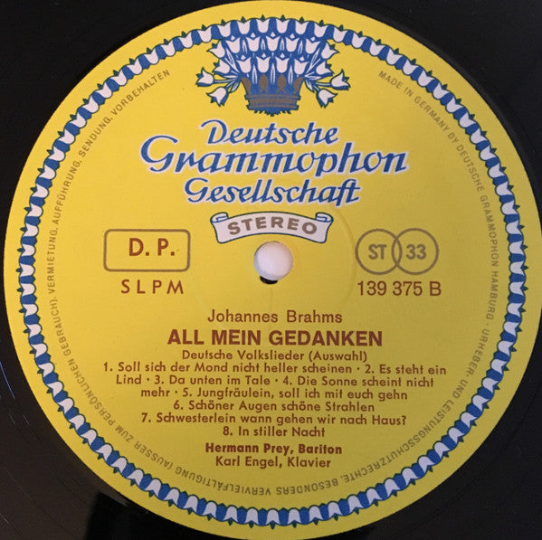 Johannes Brahms - All Mein Gedanken (Deutsche Volkslieder Von Johannes Brahms) (Vinyl, LP, Album, Stereo) Very Good Plus (VG+) / Very Good Plus (VG+)