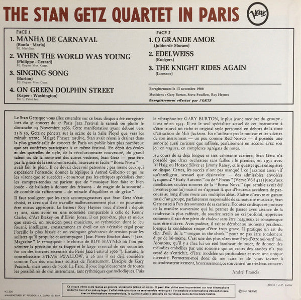 Stan Getz Quartet - In Paris (Vinyl, LP, Album, Reissue) Very Good Plus (VG+) / Good Plus (G+)