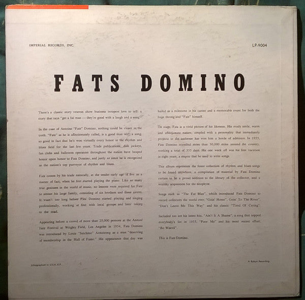 Fats Domino - Rock And Rollin' With Fats Domino (Vinyl, LP, Album) Very Good (VG) / Fair (F)