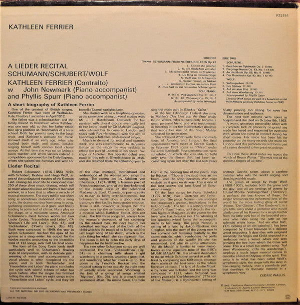 Kathleen Ferrier - A Lieder Recital • Schumann • Schubert • Wolf (Vinyl, LP, Compilation, Mono) Very Good Plus (VG+) / Very Good Plus (VG+)