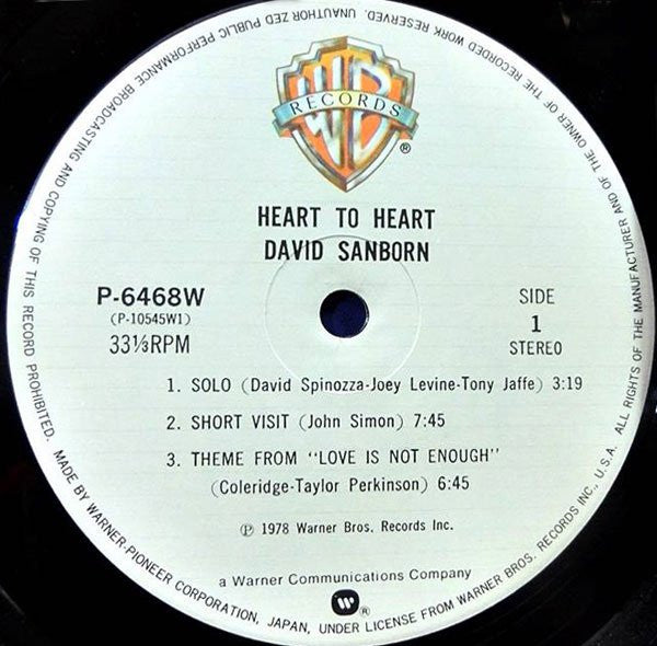 David Sanborn - Heart To Heart (Vinyl, LP, Album, Reissue) Very Good (VG) / Good (G)