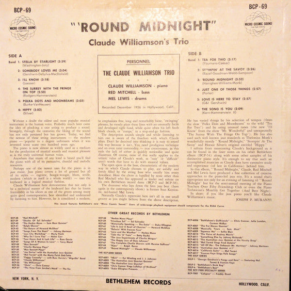 The Claude Williamson Trio - 'Round Midnight (Vinyl, LP, Album, Mono) Very Good (VG) / Very Good (VG)