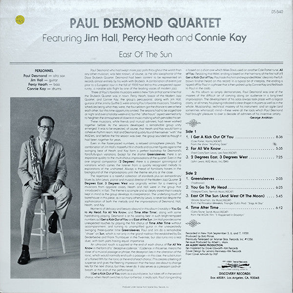The Paul Desmond Quartet - East Of The Sun (Vinyl, LP, Album, Reissue, Remastered, Stereo) Very Good (VG) / Very Good (VG)