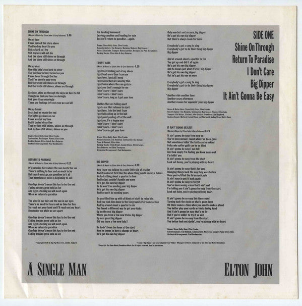 Elton John - A Single Man (Vinyl, LP, Album, Stereo) Very Good Plus (VG+) / Very Good Plus (VG+)