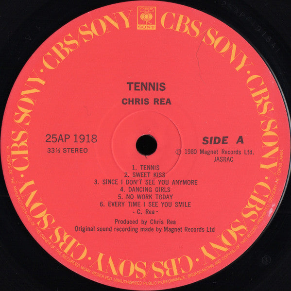 Chris Rea - Tennis (Vinyl, LP, Album) Very Good Plus (VG+) / Very Good Plus (VG+)
