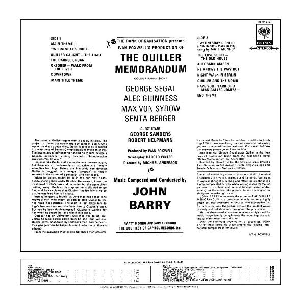 John Barry - The Quiller Memorandum (Original Sound Track Recording) (Vinyl, LP, Album, Reissue, Stereo) Very Good Plus (VG+) / Very Good (VG)