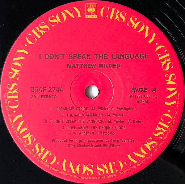 Matthew Wilder - I Don't Speak The Language (Vinyl, LP, Album)