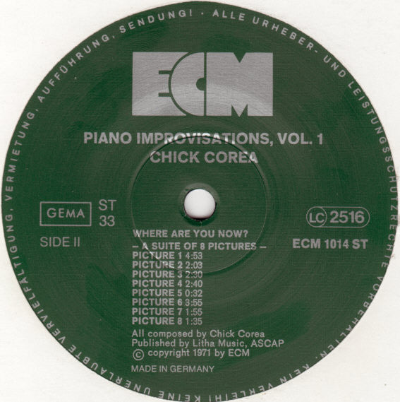 Chick Corea - Piano Improvisations Vol. 1 (Vinyl, LP, Album, Reissue) Very Good Plus (VG+) / Very Good (VG)