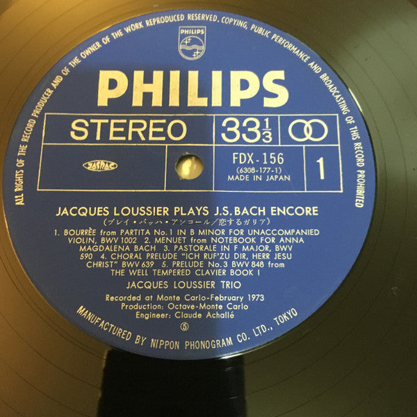 Jacques Loussier Trio - Jacques Loussier Plays J.S. Bach Encore (Vinyl, LP, Album, Stereo) Good Plus (G+) / Very Good (VG)