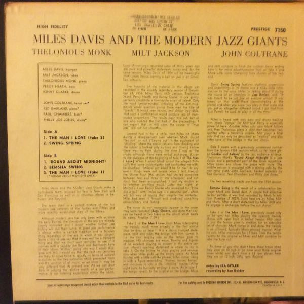 Miles Davis - Miles Davis And The Modern Jazz Giants (Vinyl, LP, Compilation, Reissue, Mono) Very Good Plus (VG+) / Very Good (VG)
