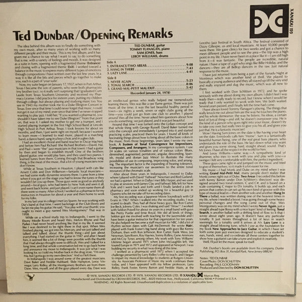 Ted Dunbar - Opening Remarks (Vinyl, LP, Album, Stereo) Good Plus (G+) / Good Plus (G+)